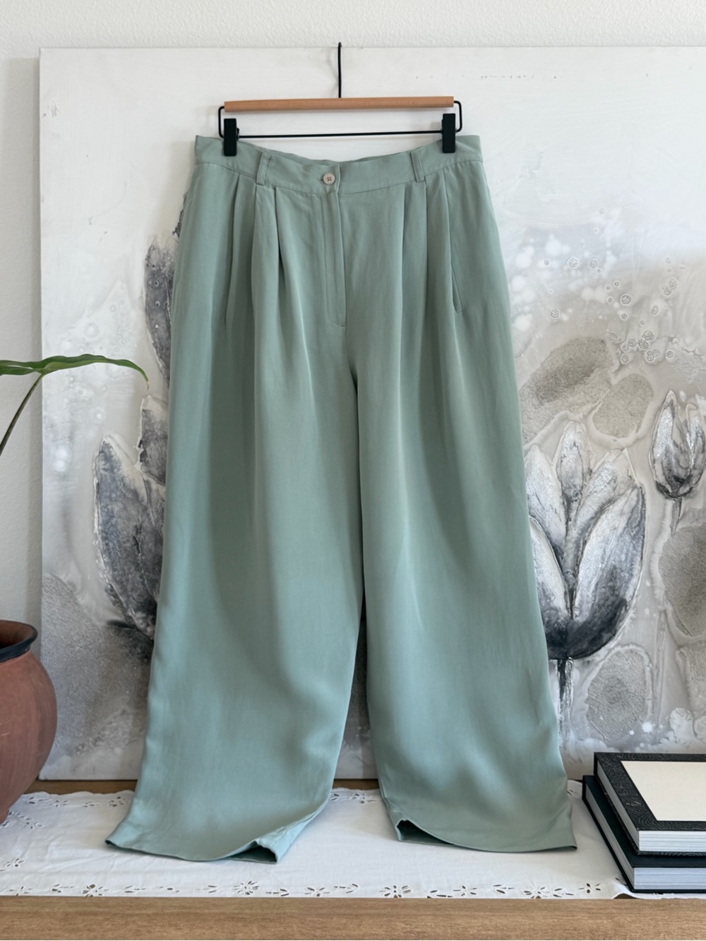 Vintage Jones New York Silk Wide-Leg Trousers in Sage Green